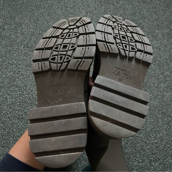 ZARA Khaki Green Rubber Knee-High Chunky Low Platform Pull-On Rain Comfort Boots - Picture 16 of 16